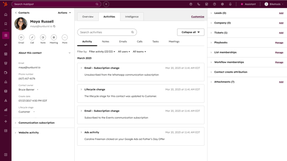HubSpot Smart CRM contact record